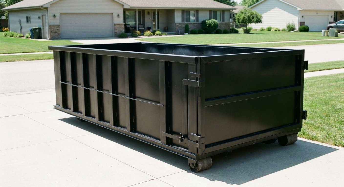 Matte-black 10-yard roll-off dumpster on a residential concrete driveway in Mansfield, uniformly painted matte black across every panel and rail, ribbed steel sidewalls and rear swing door visible, mid-day daylight.