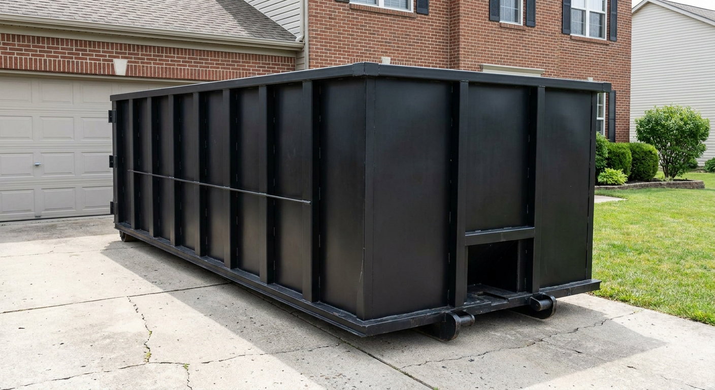 Matte-black 20-yard roll-off container on a Mansfield residential concrete driveway with reinforced ribbed steel sidewalls and a hinged rear walk-in door, clean bright daylight.