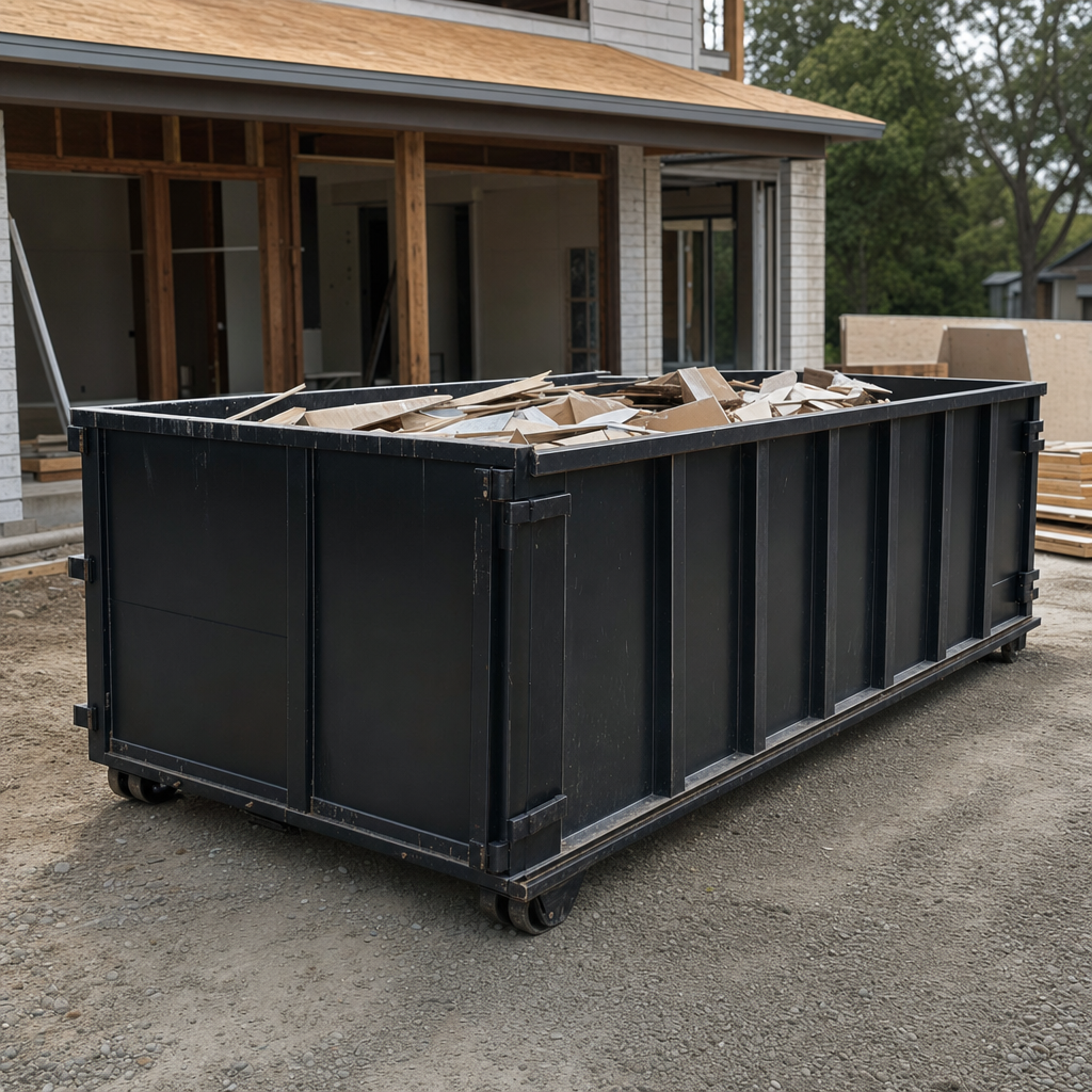 Large matte-black 30-yard construction roll-off dumpster at an active Mansfield jobsite, steel-gray top rails and bottom rollers visible, loaded with construction debris.