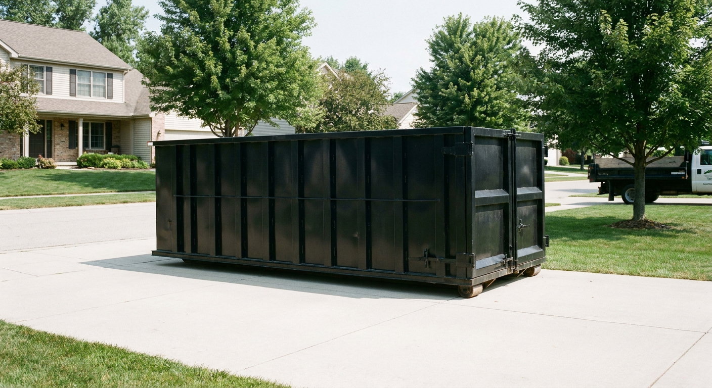 Matte-black 20-yard roll-off dumpster sitting level on a clean Mansfield residential concrete driveway under bright daylight, demonstrating clean placement directly on the concrete.