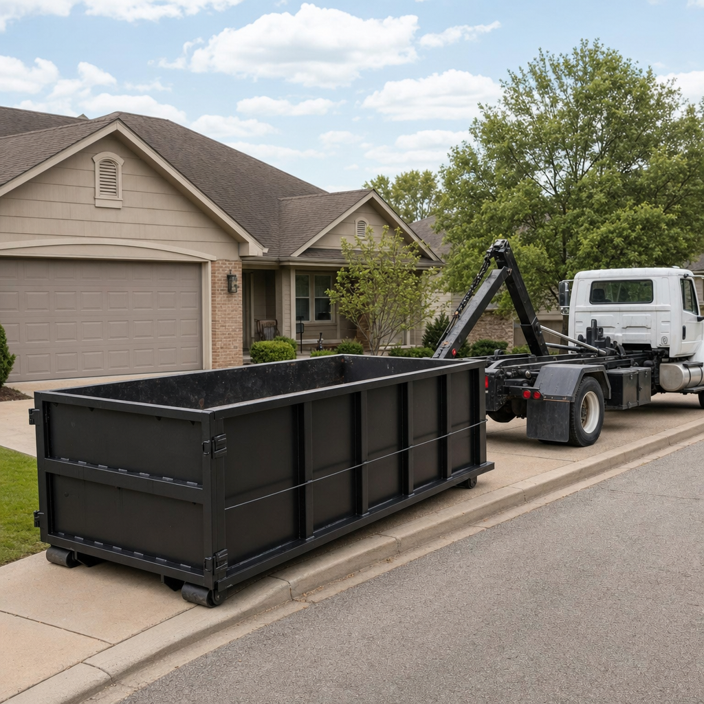Wide documentary shot of a matte-black roll-off dumpster on a Mansfield residential driveway in the foreground and a contractor jobsite container in the soft-focus background, bright daylight, calm and orderly composition.