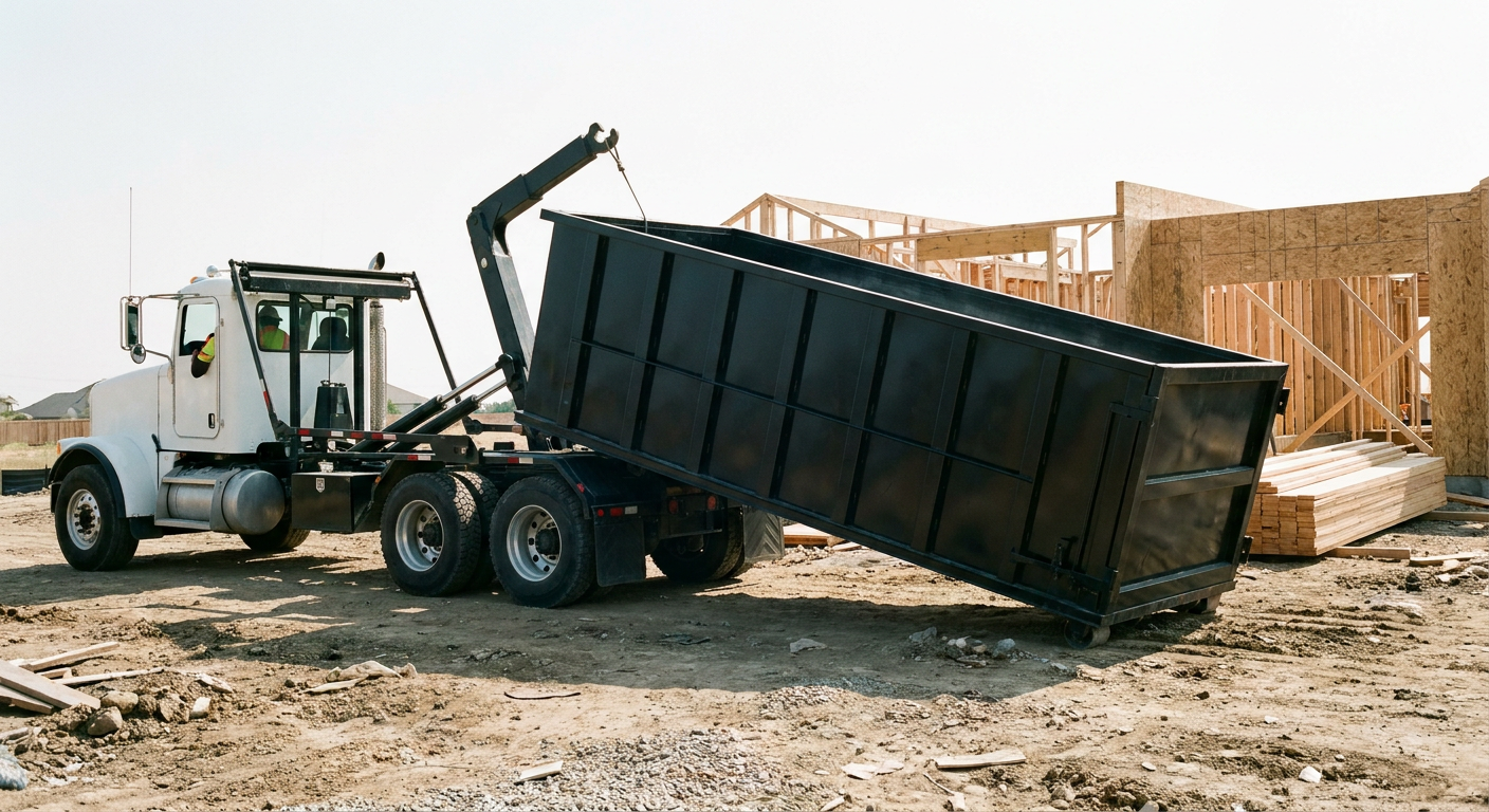 Matte-black roll-off dumpster being delivered onto a clean residential concrete driveway in Mansfield by an unmarked white hooklift hauler truck, bright morning daylight, documentary 35mm perspective.
